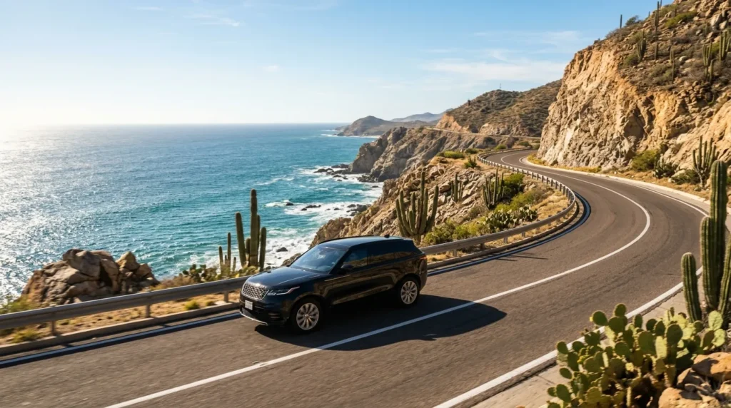 Modern luxury SUV driving along the scenic Los Cabos ocean highway for Cabo San Lucas Airport Transportation