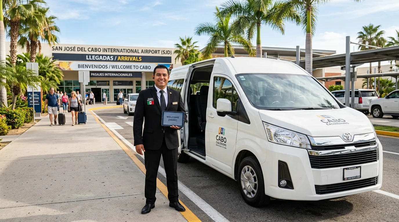 Chauffeur welcoming arriving travelers at San Jose del Cabo Airport for Los Cabos Corridor Airport Transportation