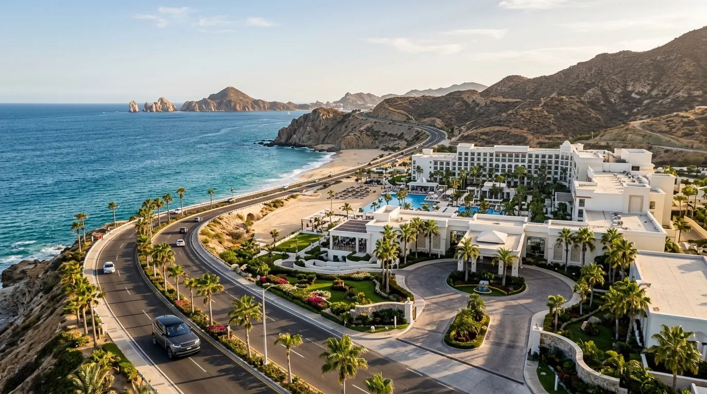 Private transport van driving along the highway from SJD Airport toward Cabo San Lucas resorts.